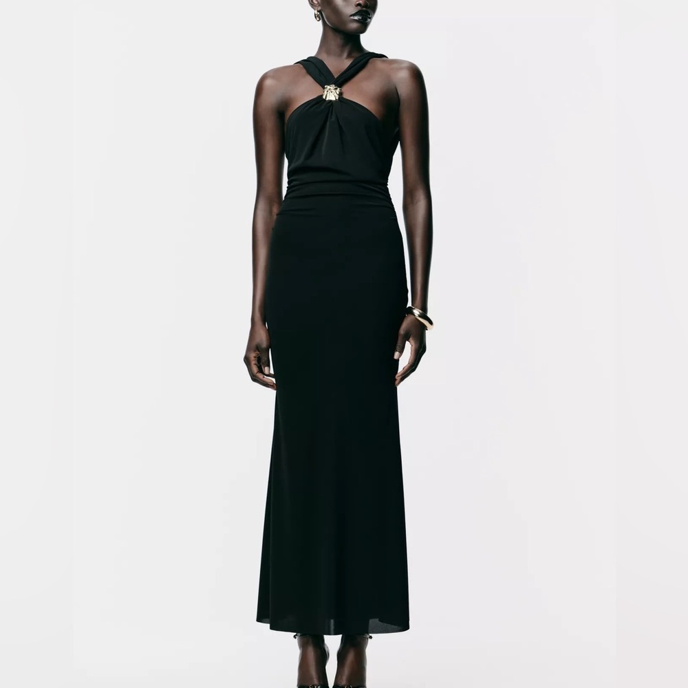 Zara Black Fitted Wrap Midi Dress Gold Neck Detail Criss-cross Back Slit NWT S - Picture 5 of 16